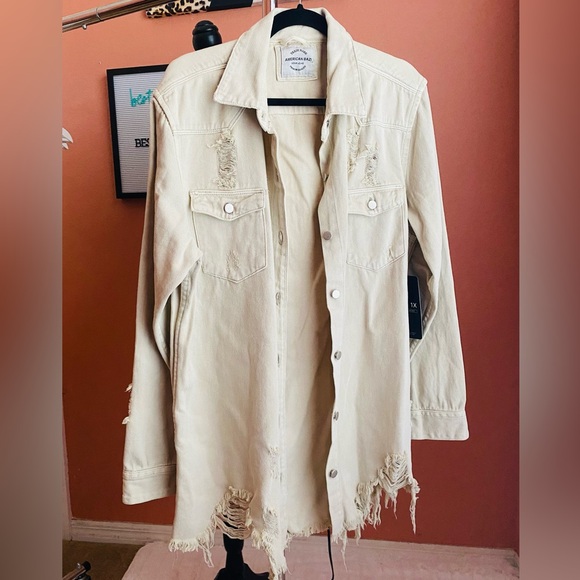 American Bazi Full Size Distressed Button Down Denim Jacket in Sand - Picture 7 of 11